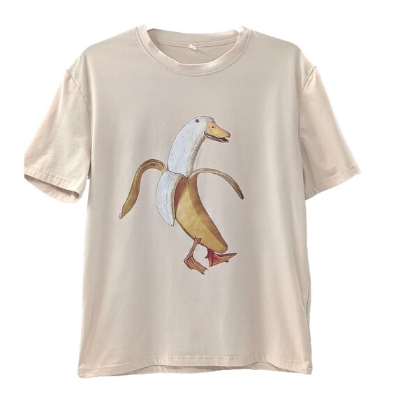Banana Duck Yellow Beige Short Sleeve Graphic Soft Funny T-Shirt Size Small - Picture 1 of 7